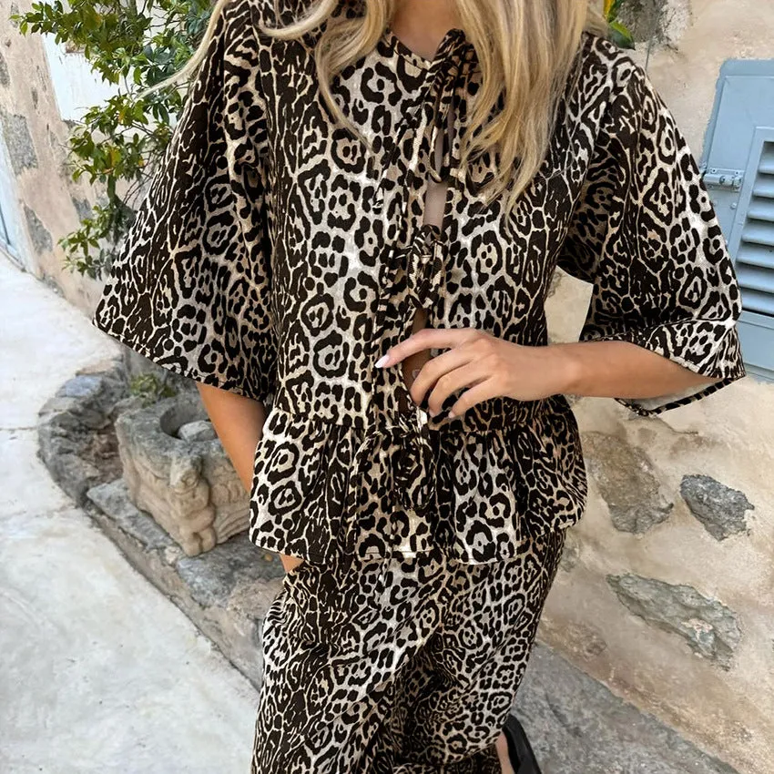 Leopard Print Half Sleeve Cardigan Trousers Two-piece Set