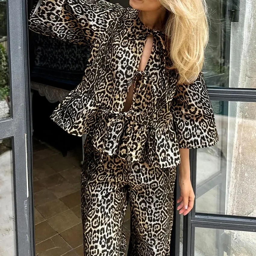 Leopard Print Half Sleeve Cardigan Trousers Two-piece Set