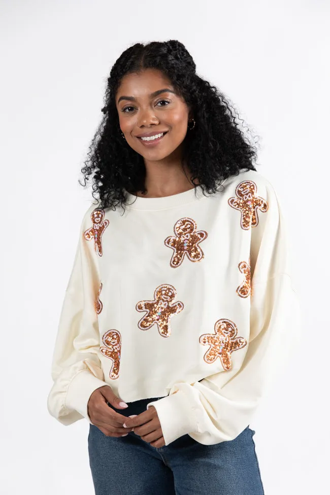 Let's Build A Gingerbread House Cream Sequin Patch Pullover FINAL SALE