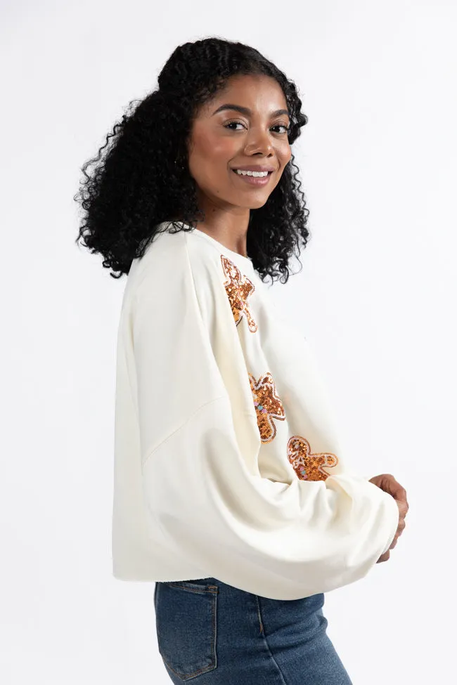 Let's Build A Gingerbread House Cream Sequin Patch Pullover FINAL SALE