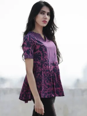 Megenta Purple  Hand Block Printed Cotton Top With Gathers - T32F466