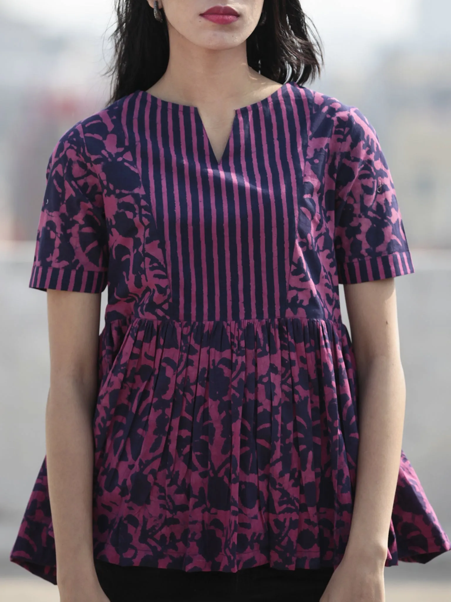 Megenta Purple  Hand Block Printed Cotton Top With Gathers - T32F466