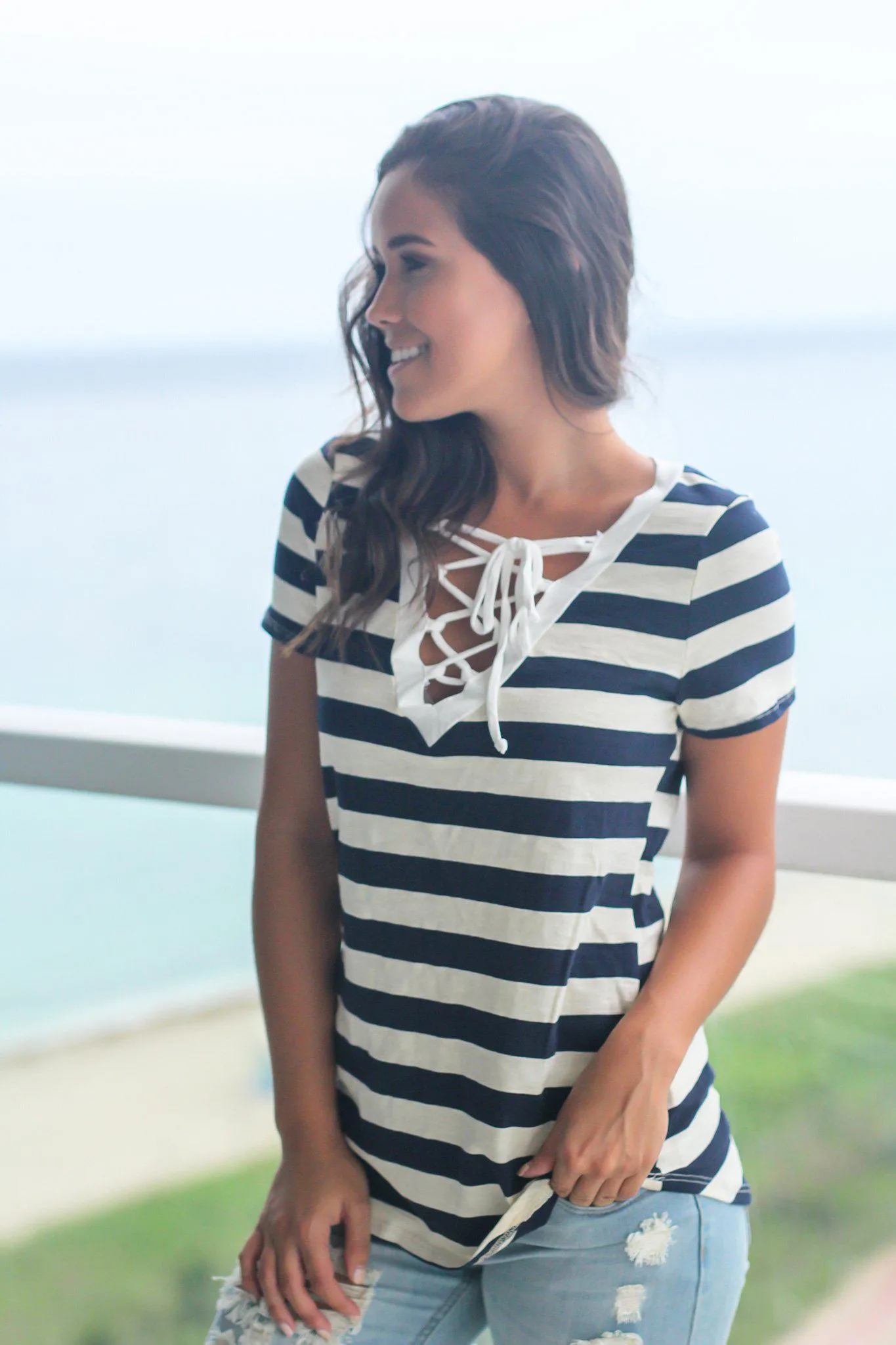 Navy Striped Top with Lace Up Front