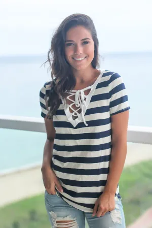 Navy Striped Top with Lace Up Front