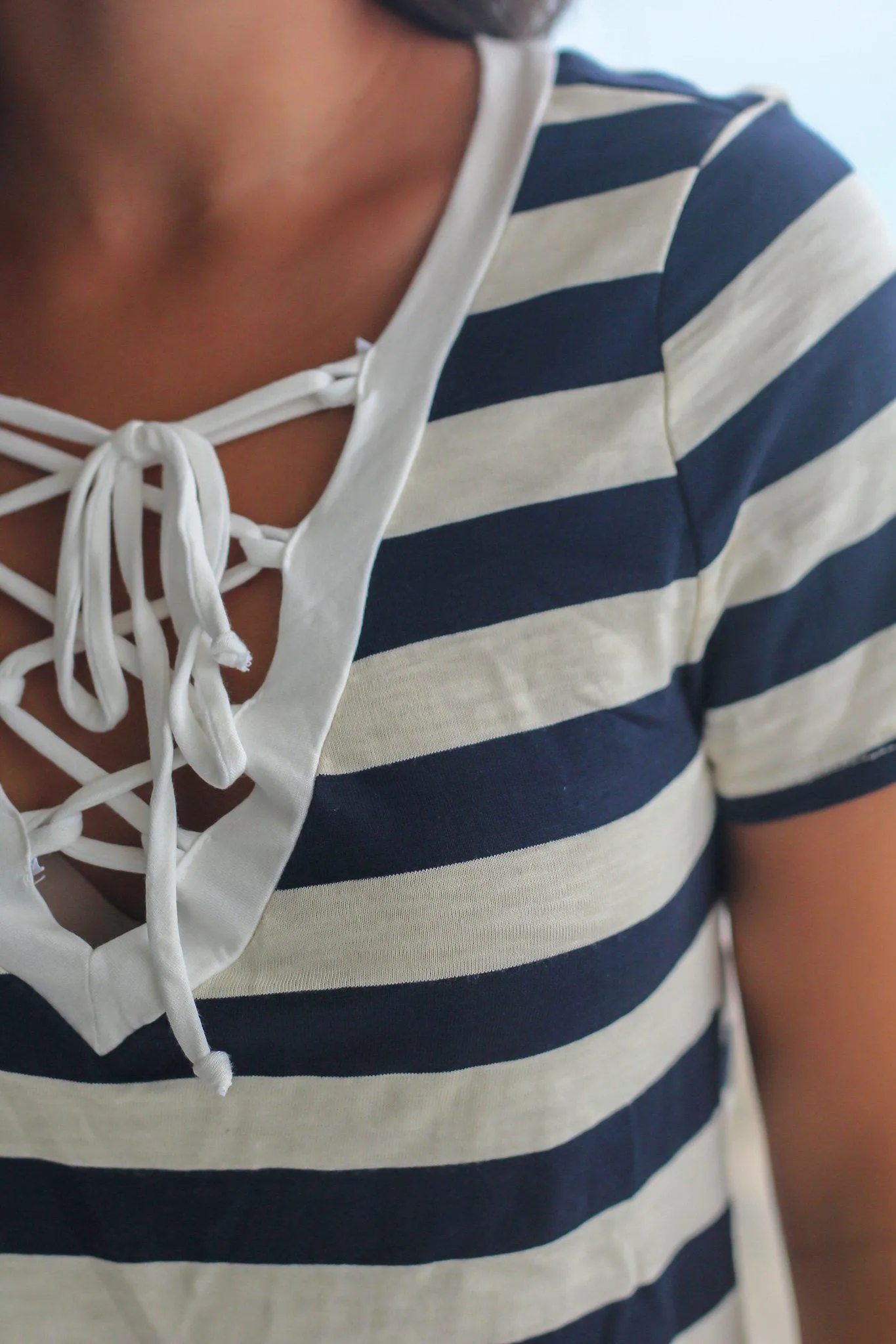 Navy Striped Top with Lace Up Front