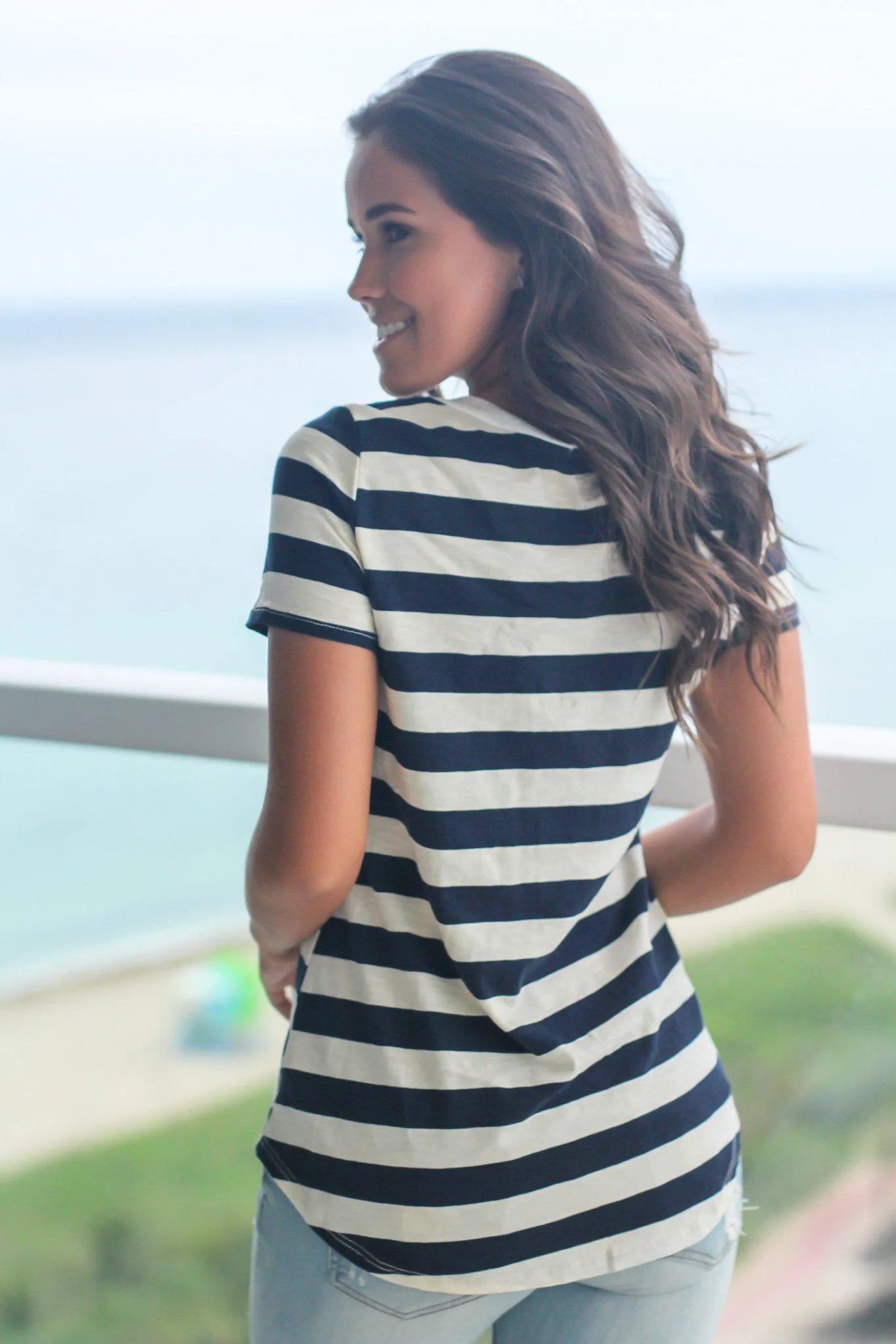 Navy Striped Top with Lace Up Front