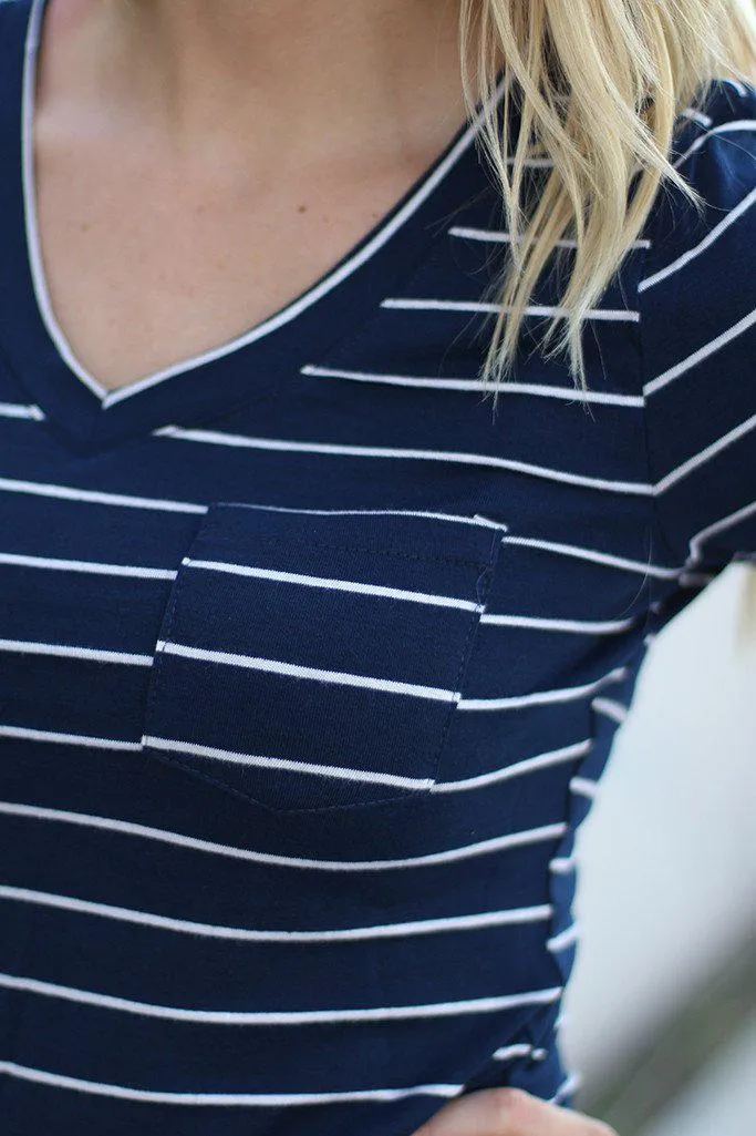 Navy Striped V-Neck Top With Pocket