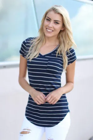 Navy Striped V-Neck Top With Pocket