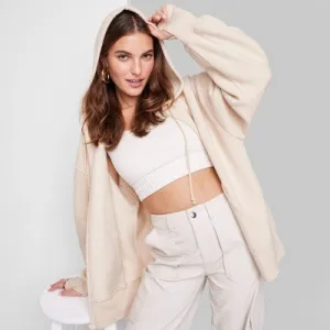New - Women's Oversized Zip-Up Hoodie - Wild Fable Beige XS
