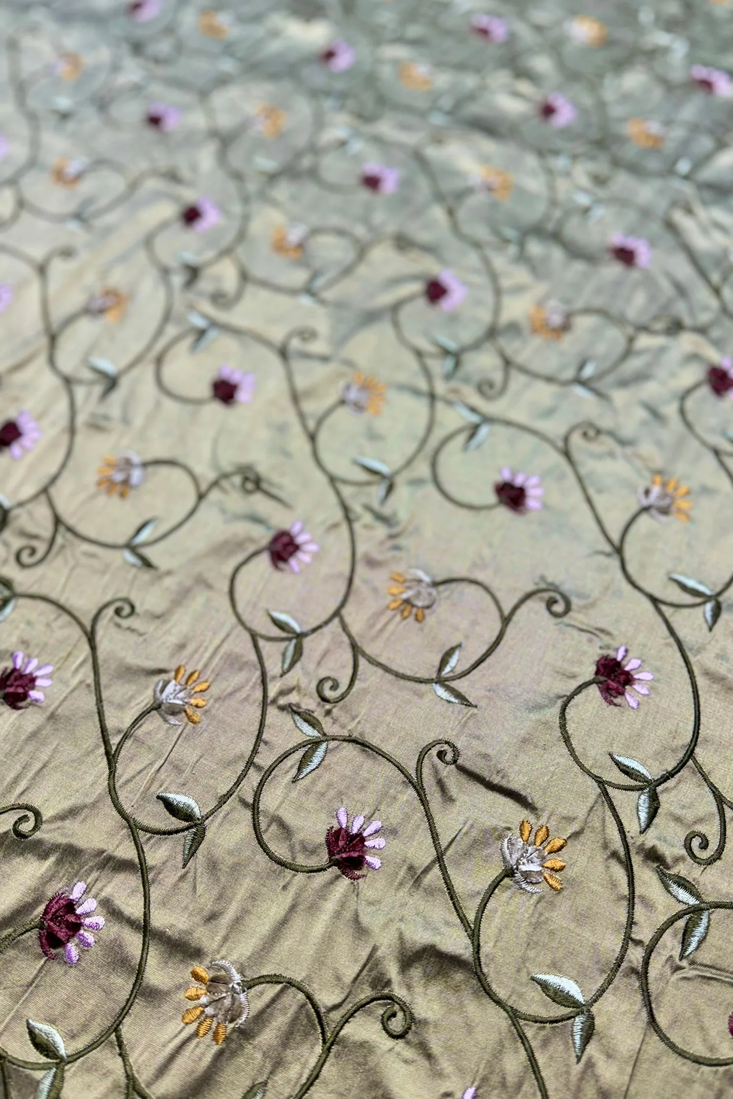 Olive Green/Multicolor Embroidered Dupioni Silk