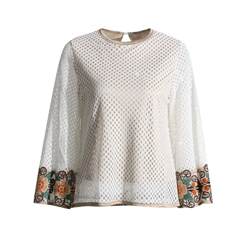 Patchwork Embroidery  T Shirt For Women Round Neck Flare Sleeve Streetwear Hollow Out Loose T Shirts Female Autumn