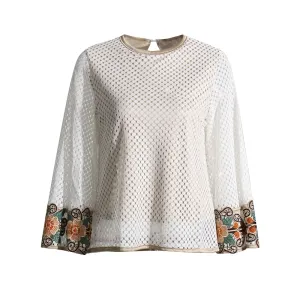 Patchwork Embroidery  T Shirt For Women Round Neck Flare Sleeve Streetwear Hollow Out Loose T Shirts Female Autumn
