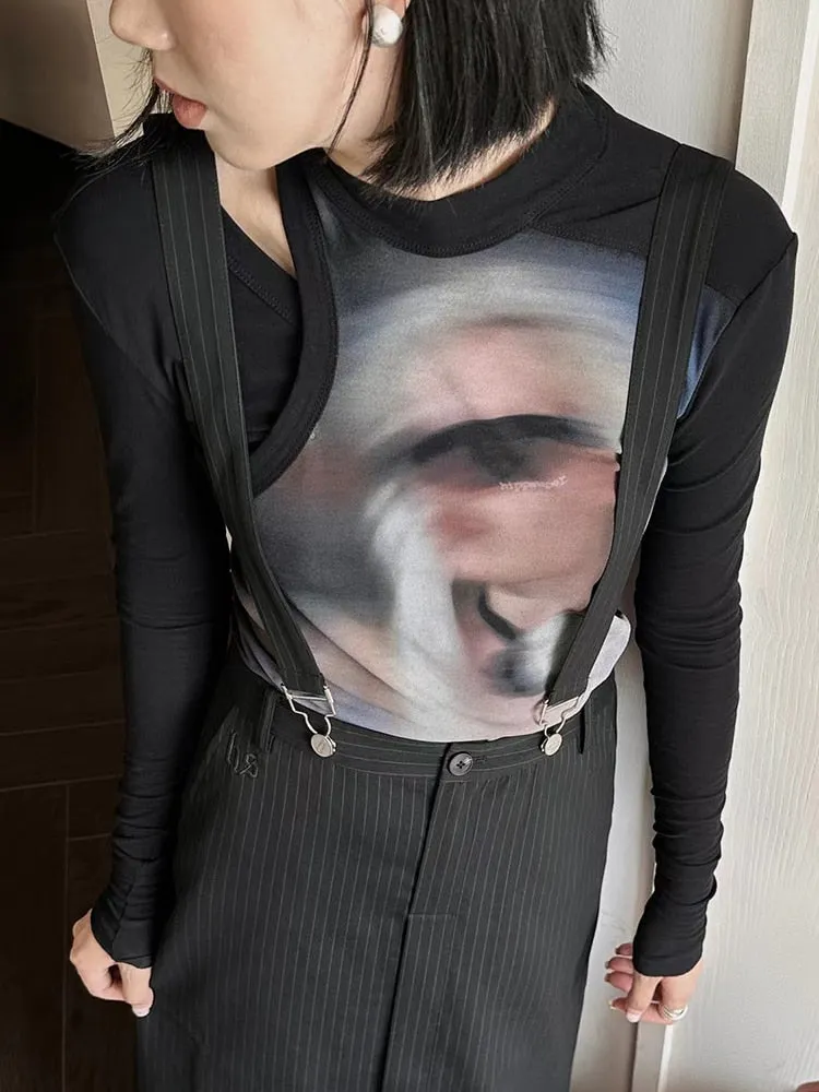 Printing Hollow Out Chic T Shirt For Women Round Neck Long Sleeve Loose Casual Minimalist T Shirts Female Fashion