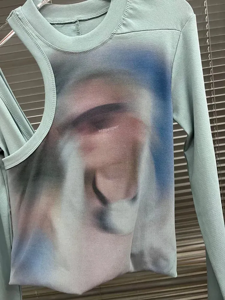 Printing Hollow Out Chic T Shirt For Women Round Neck Long Sleeve Loose Casual Minimalist T Shirts Female Fashion