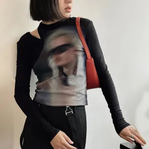 Printing Hollow Out Chic T Shirt For Women Round Neck Long Sleeve Loose Casual Minimalist T Shirts Female Fashion
