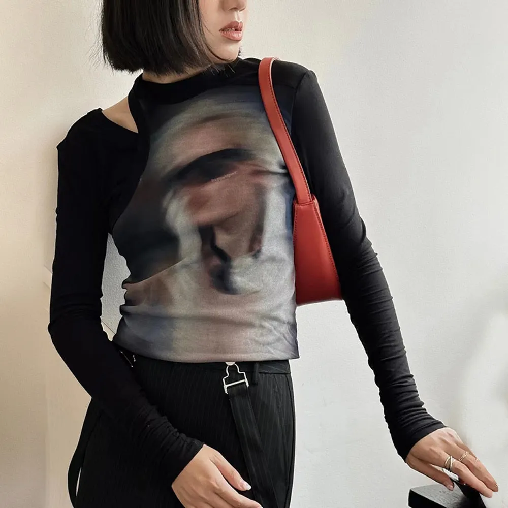 Printing Hollow Out Chic T Shirt For Women Round Neck Long Sleeve Loose Casual Minimalist T Shirts Female Fashion