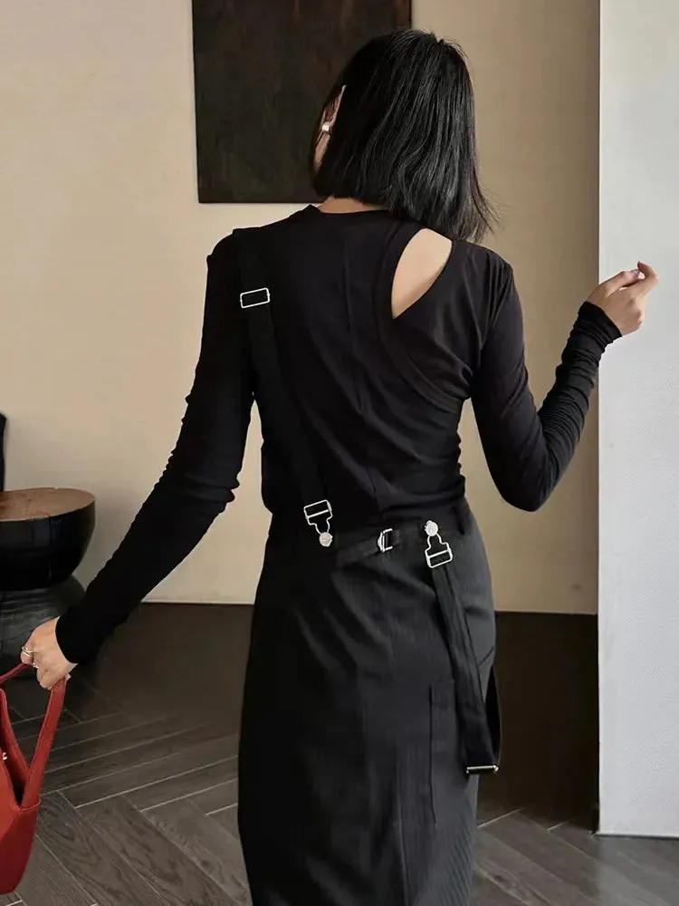 Printing Hollow Out Chic T Shirt For Women Round Neck Long Sleeve Loose Casual Minimalist T Shirts Female Fashion