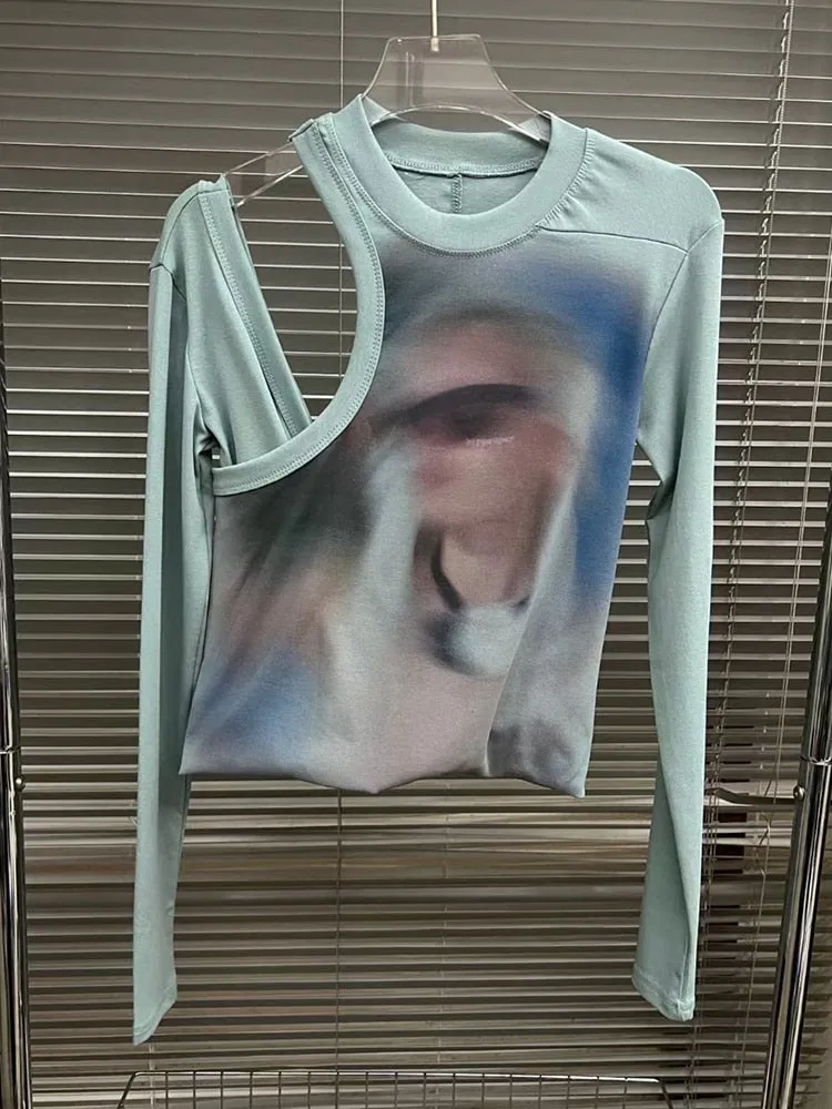 Printing Hollow Out Chic T Shirt For Women Round Neck Long Sleeve Loose Casual Minimalist T Shirts Female Fashion