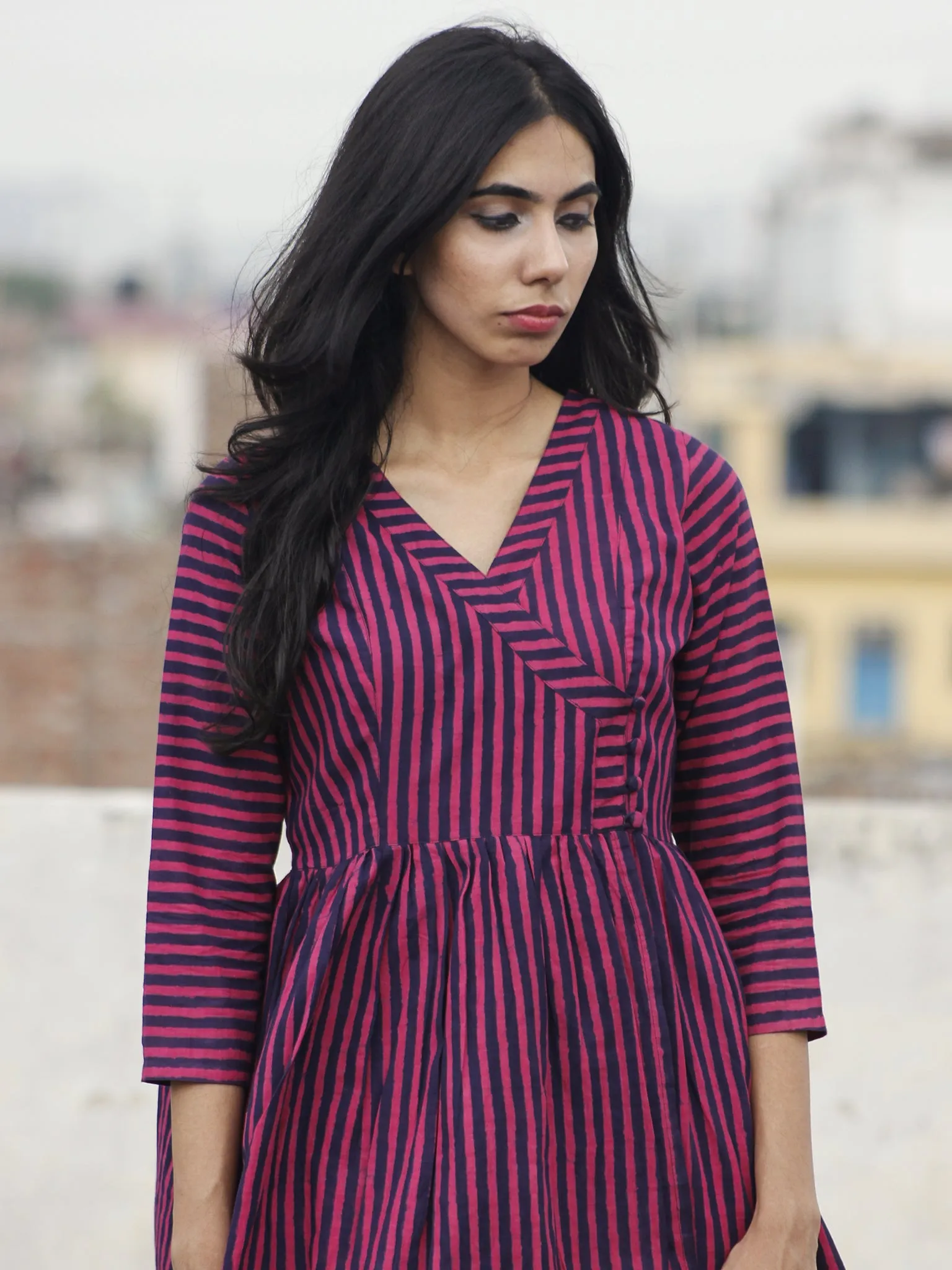 Purple Magenta Hand Block Printed Cotton Top - T13F464