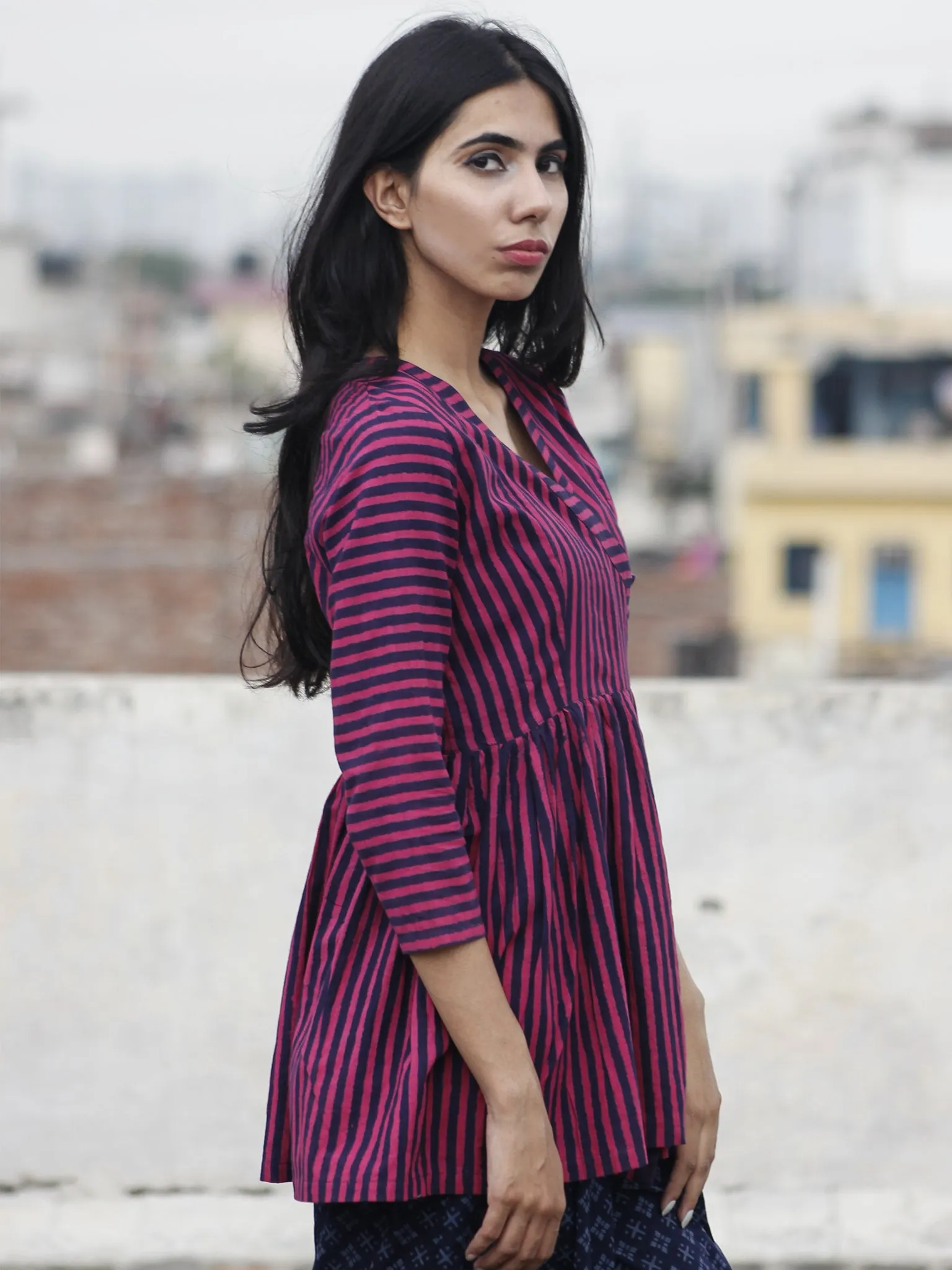Purple Magenta Hand Block Printed Cotton Top - T13F464