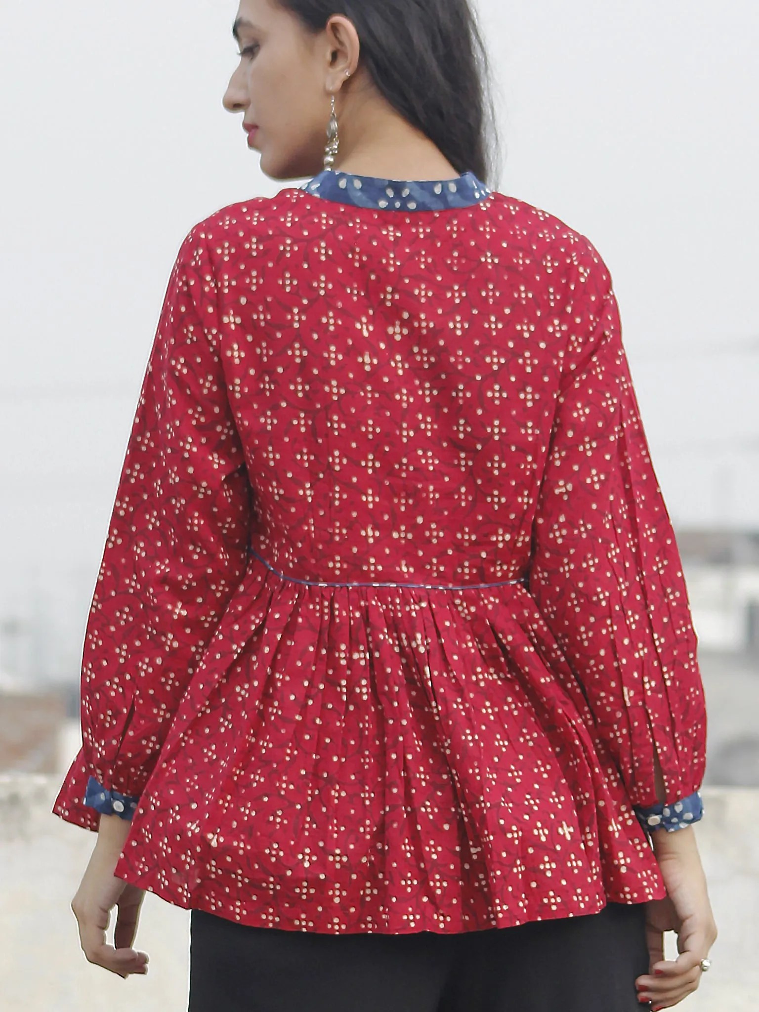 Red Beige Indigo Hand Block Printed Cotton Top - T12F067