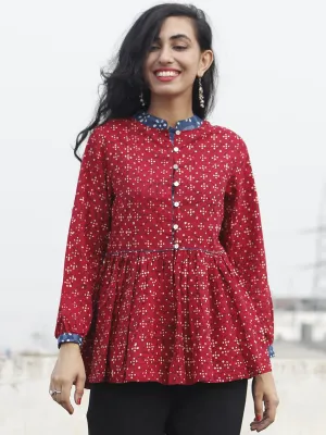 Red Beige Indigo Hand Block Printed Cotton Top - T12F067