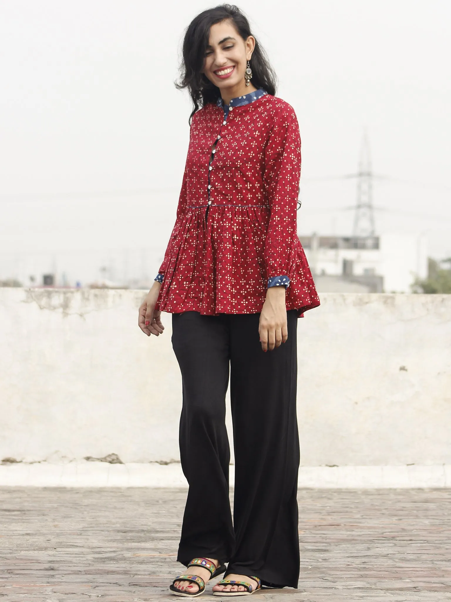 Red Beige Indigo Hand Block Printed Cotton Top - T12F067