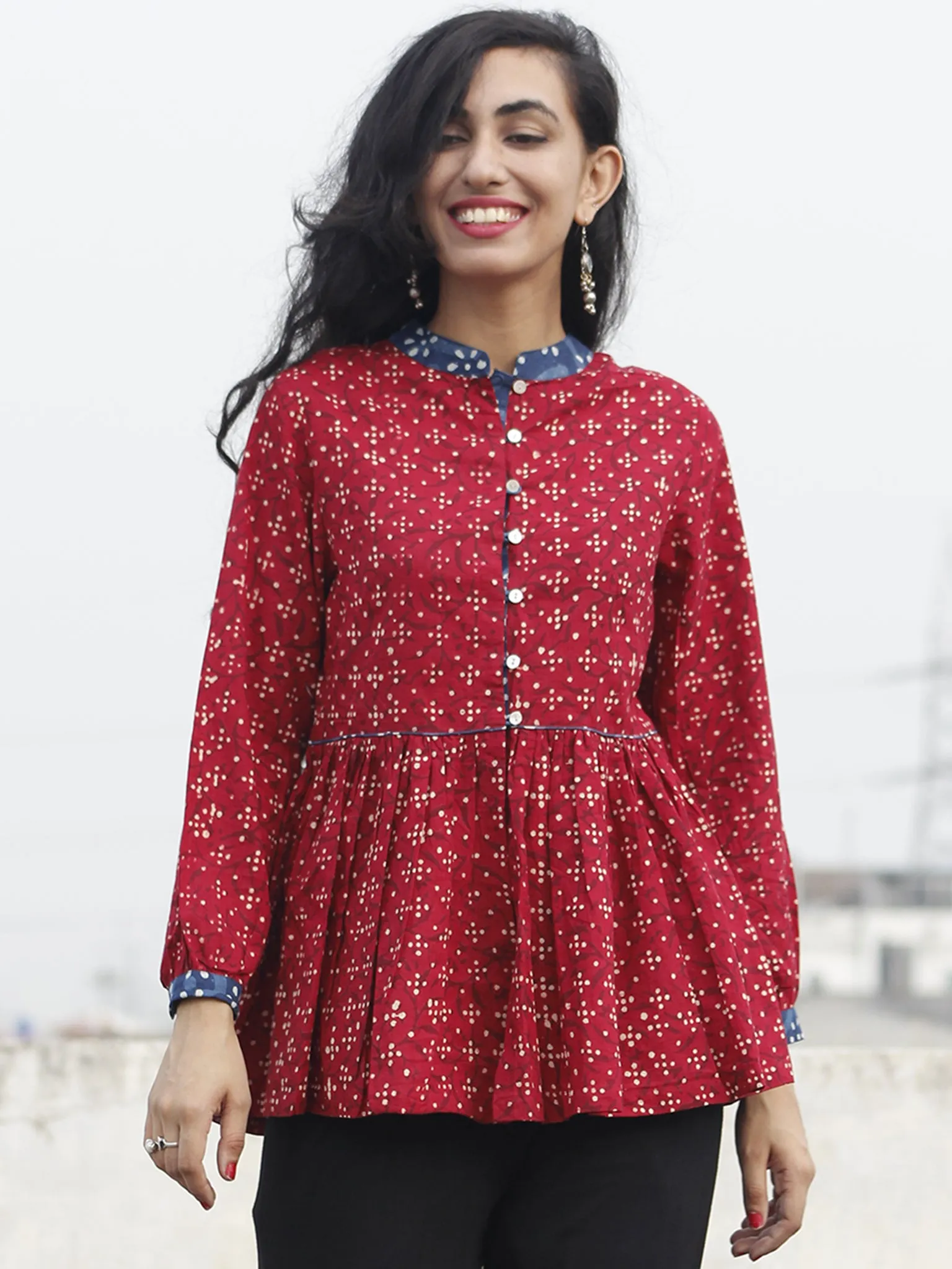 Red Beige Indigo Hand Block Printed Cotton Top - T12F067