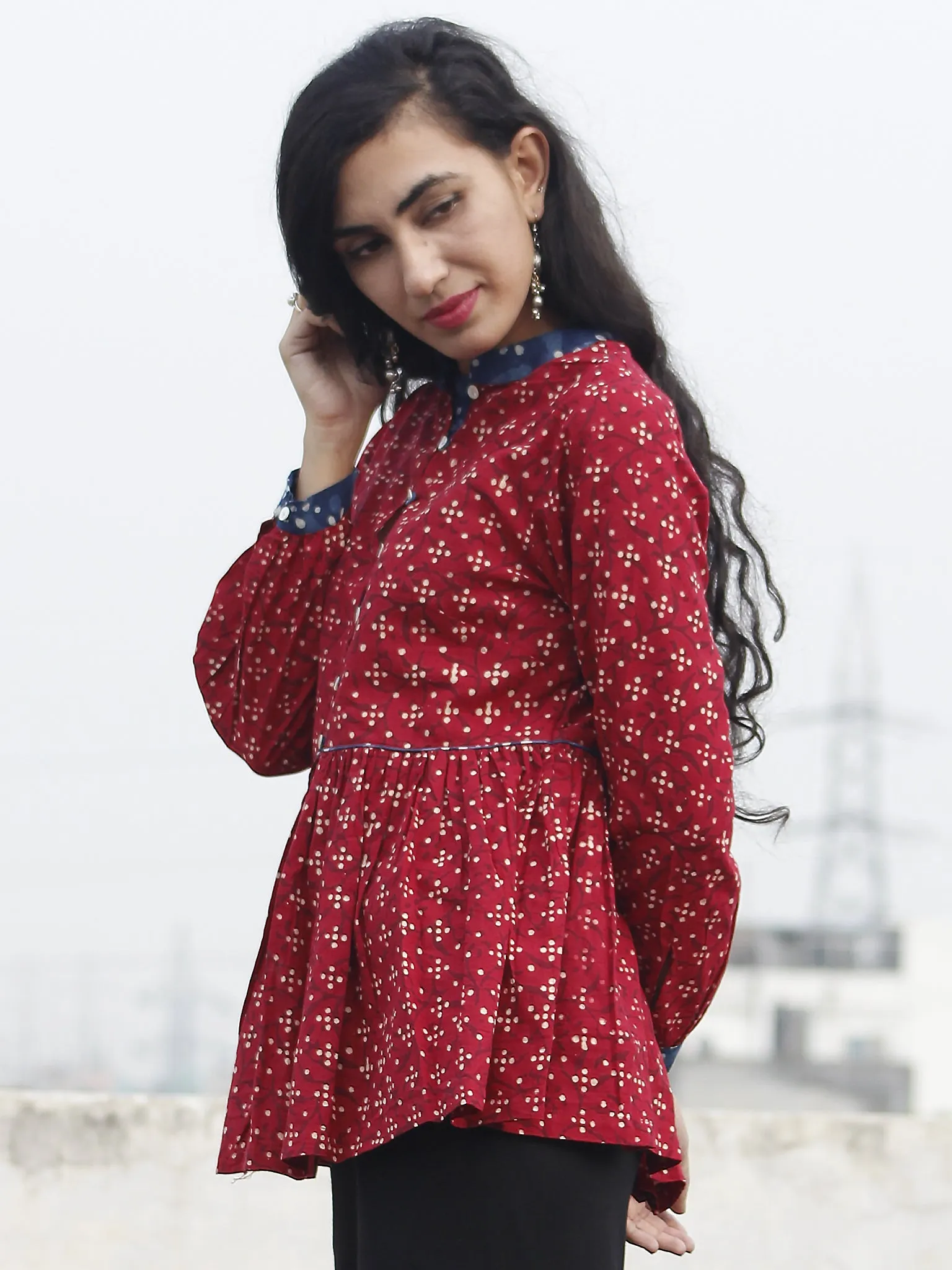 Red Beige Indigo Hand Block Printed Cotton Top - T12F067