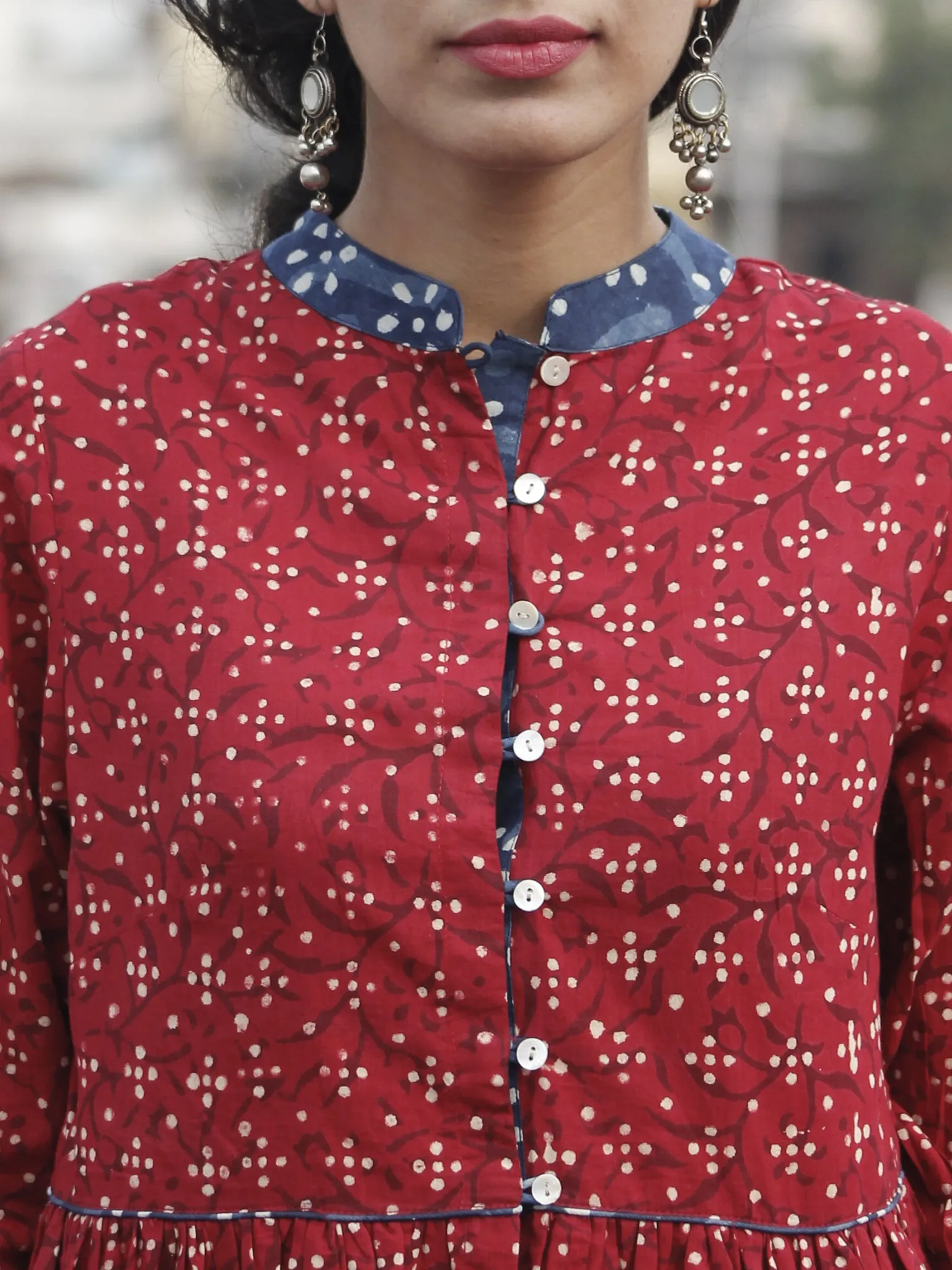 Red Beige Indigo Hand Block Printed Cotton Top - T12F067