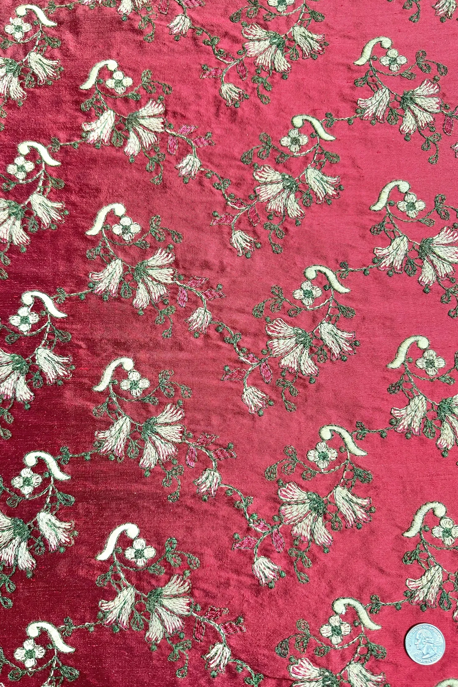 Red/Multicolor Embroidered Dupioni Silk