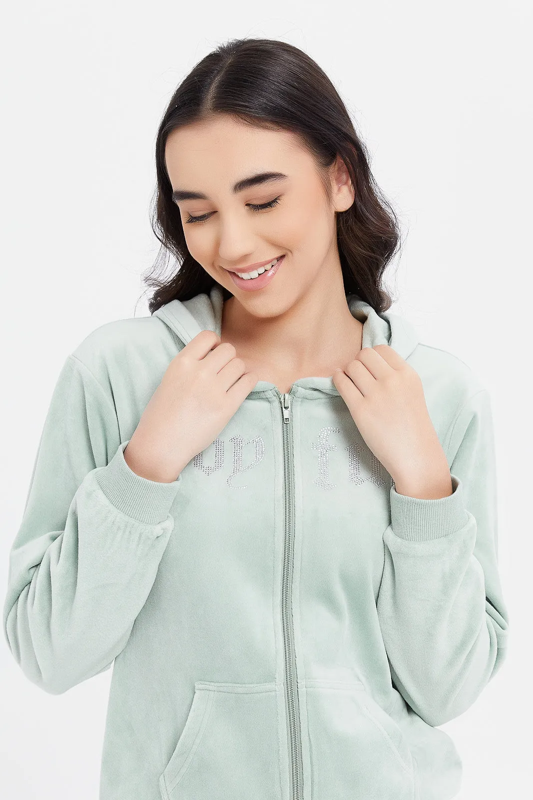 Senior Girls Green Plain Hooded Sweatshirts