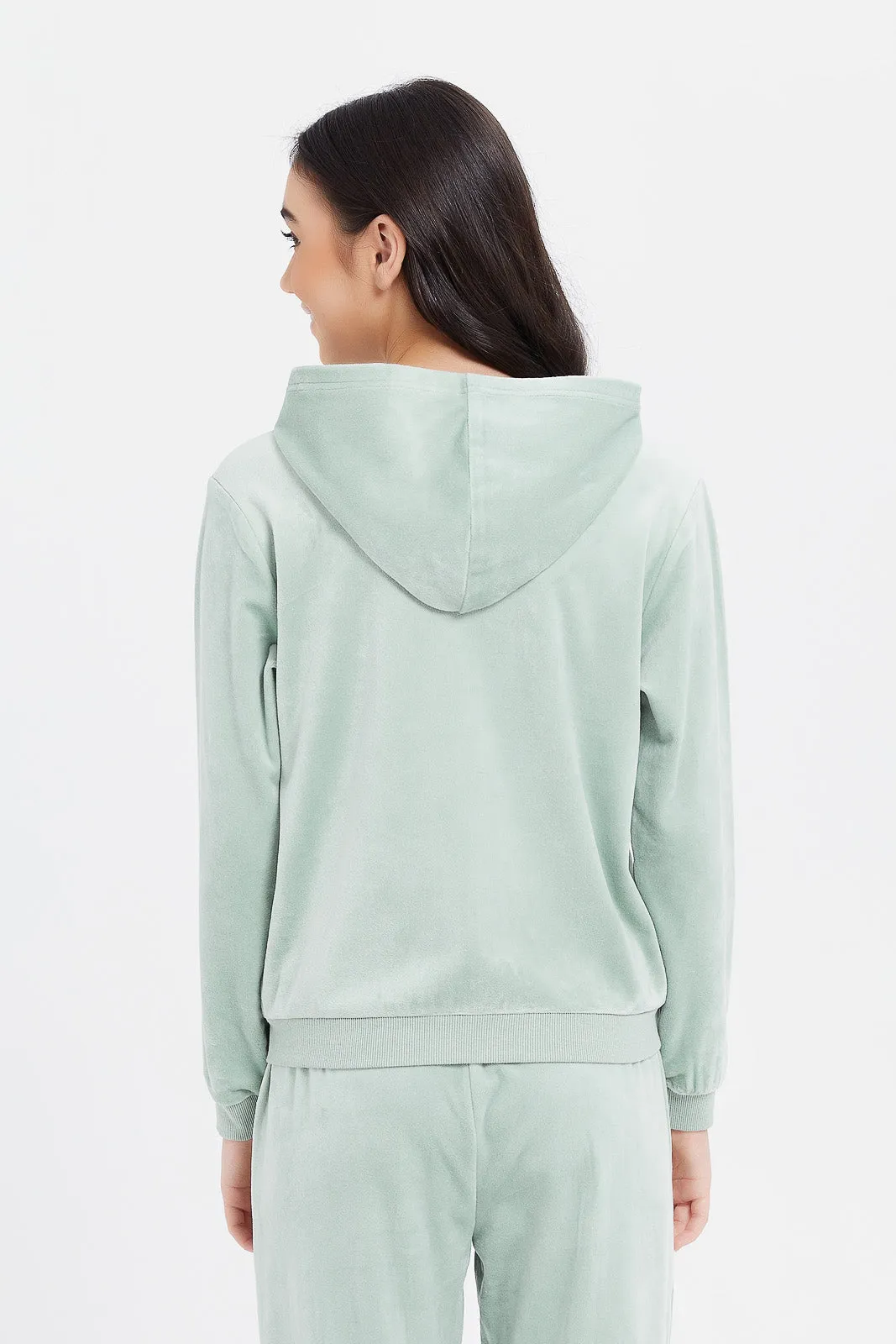 Senior Girls Green Plain Hooded Sweatshirts