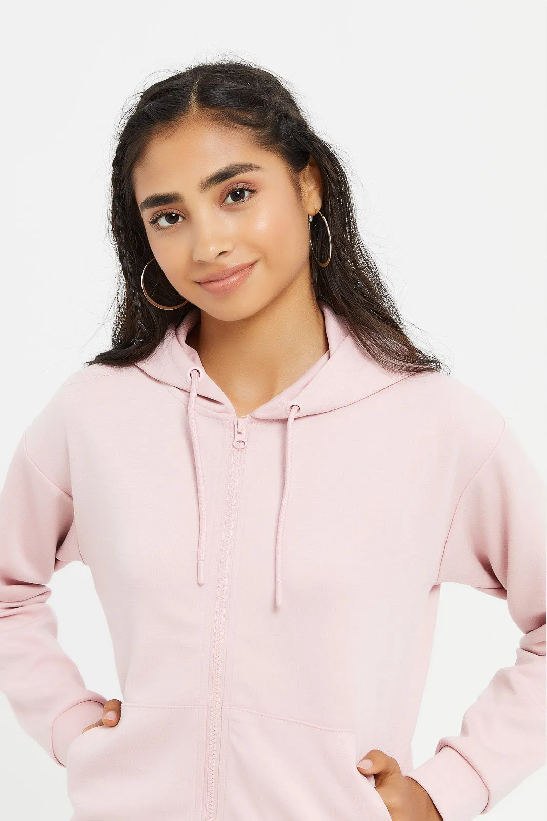Senior Girls Pink Zip Through Hooded Sweatshirts
