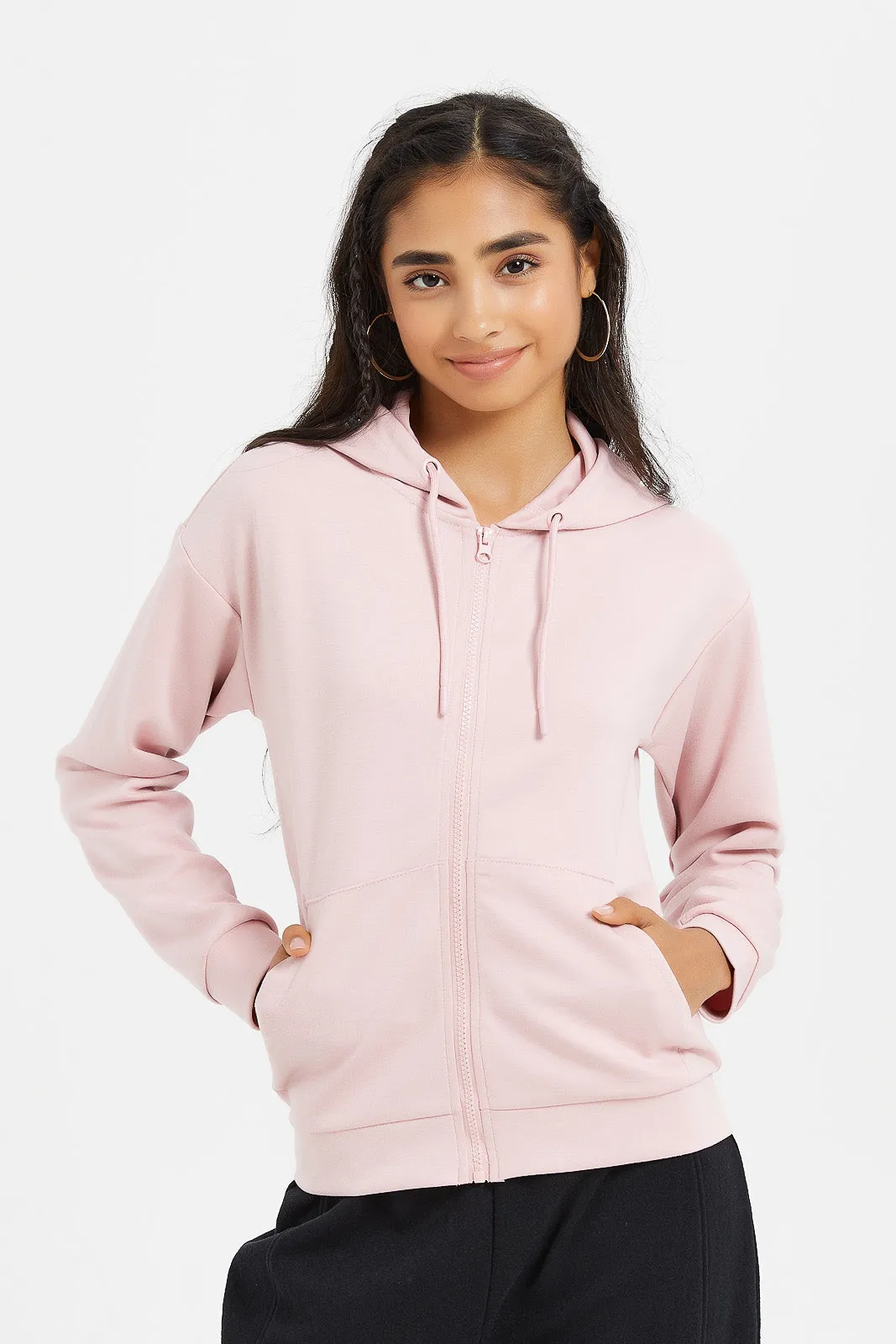 Senior Girls Pink Zip Through Hooded Sweatshirts