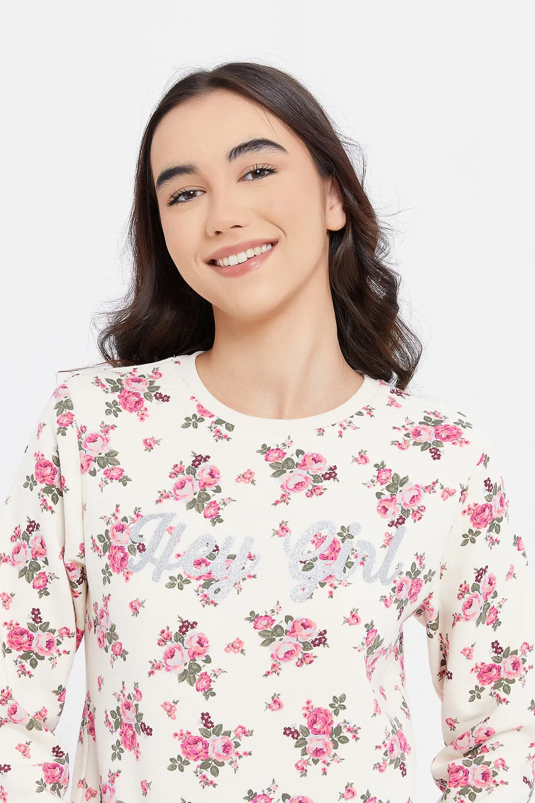 Senor Girls White Floral Sweatshirts