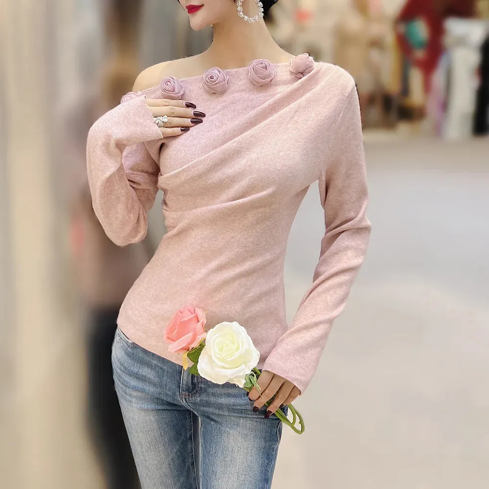 Skinny Off Shoulder T Shirt For Women Slash Neck Long Sleeve Patchwork Floral Solid T Shirts Female Clothes Fashion