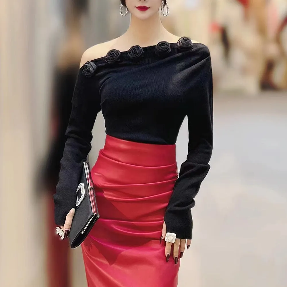 Skinny Off Shoulder T Shirt For Women Slash Neck Long Sleeve Patchwork Floral Solid T Shirts Female Clothes Fashion