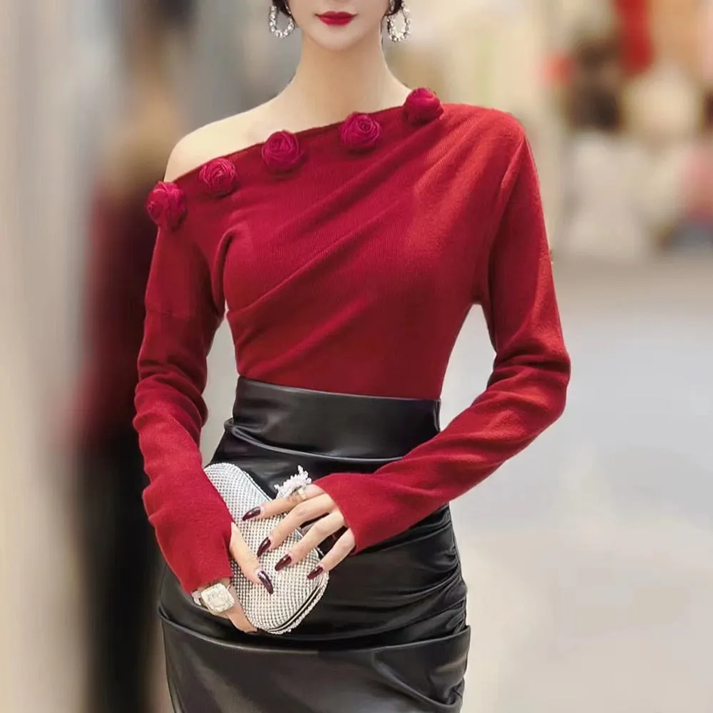 Skinny Off Shoulder T Shirt For Women Slash Neck Long Sleeve Patchwork Floral Solid T Shirts Female Clothes Fashion