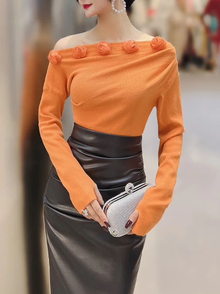 Skinny Off Shoulder T Shirt For Women Slash Neck Long Sleeve Patchwork Floral Solid T Shirts Female Clothes Fashion