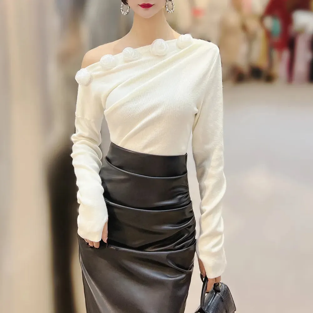 Skinny Off Shoulder T Shirt For Women Slash Neck Long Sleeve Patchwork Floral Solid T Shirts Female Clothes Fashion