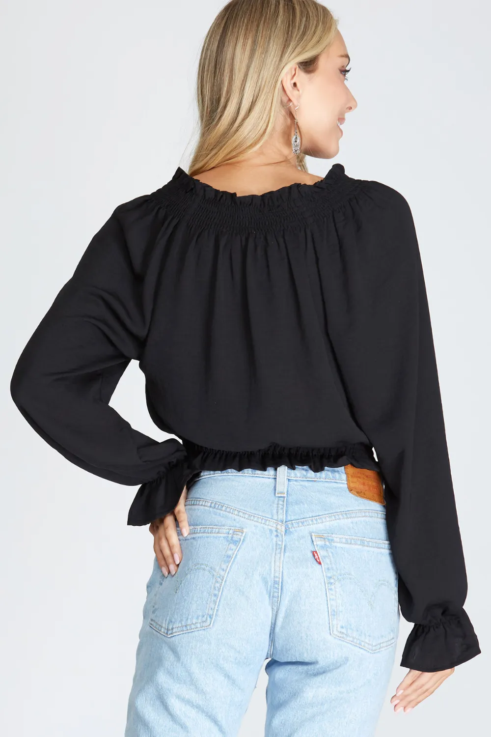 SMOCKED WAIST WOVEN BLOUSE | BLACK