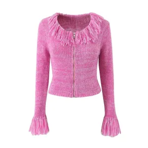 Spliced Tassel Casual Sweaters For Women Round Neck Long Sleeve Patchwork Zipper Slimming Sweater Female Clothing