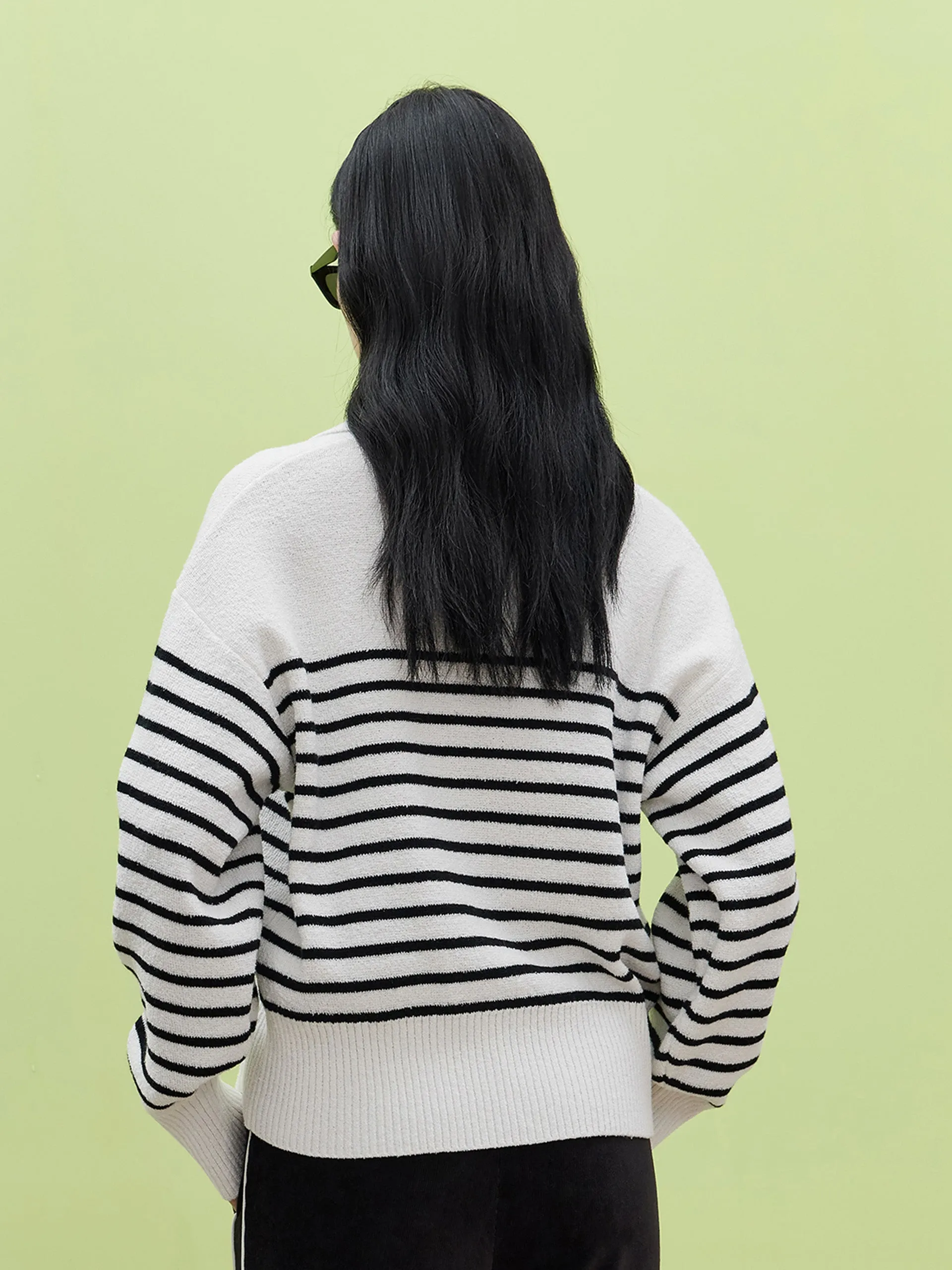 Striped POLO Neck Knit Top
