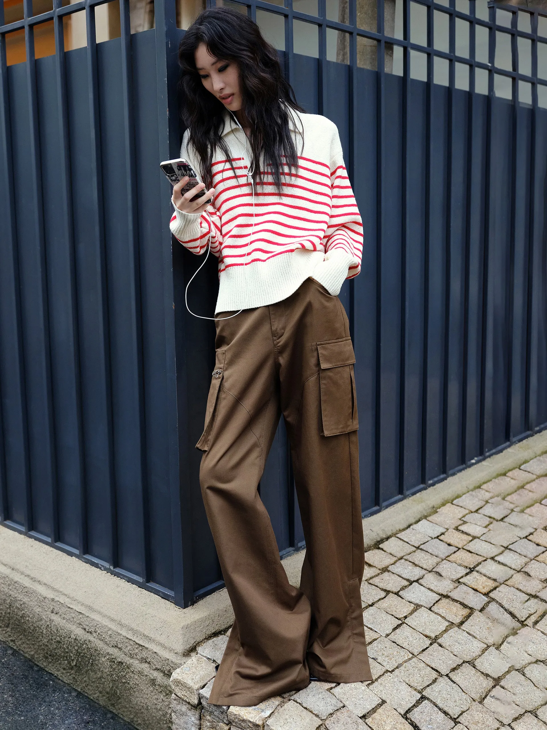 Striped POLO Neck Knit Top