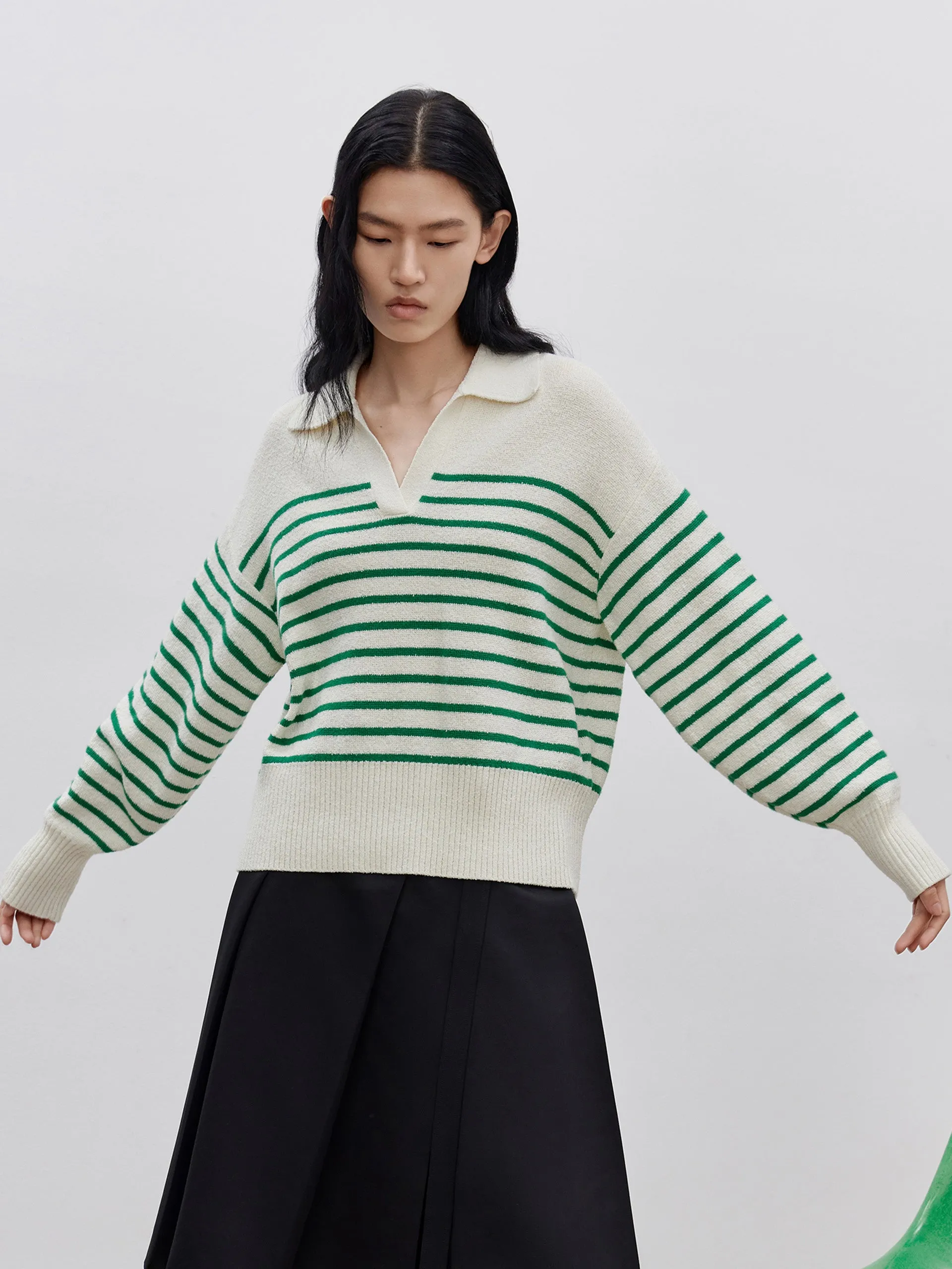 Striped POLO Neck Knit Top