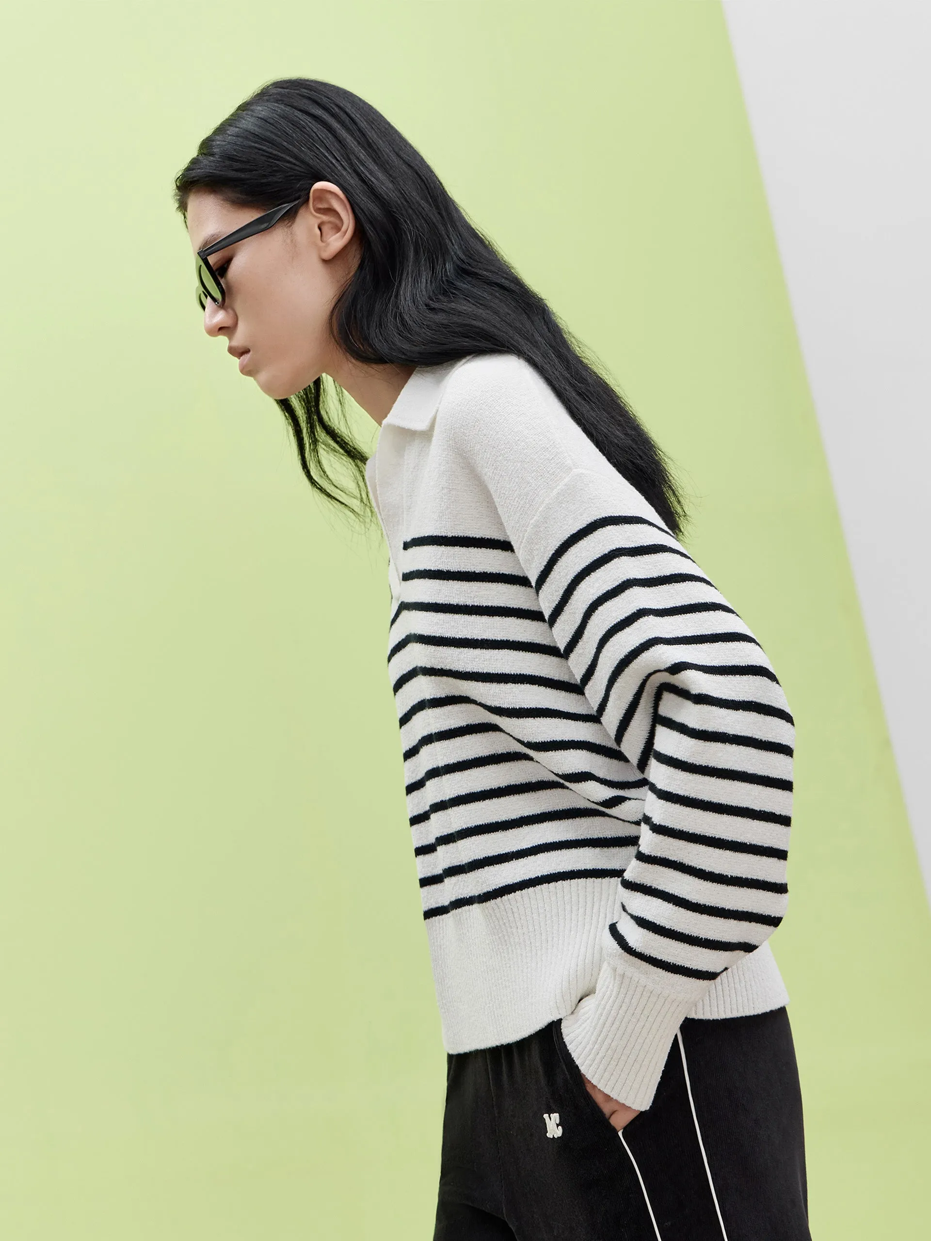 Striped POLO Neck Knit Top