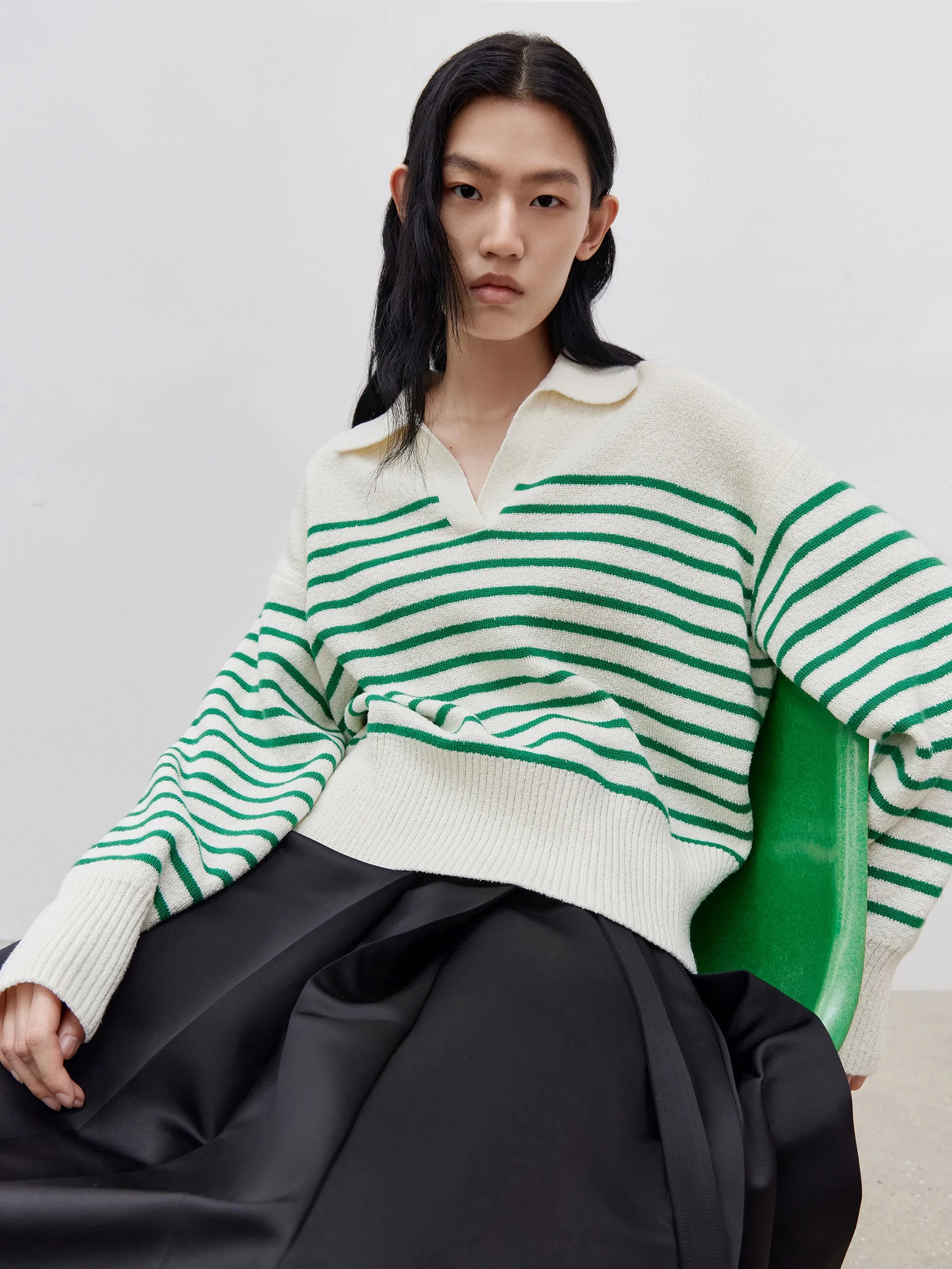 Striped POLO Neck Knit Top