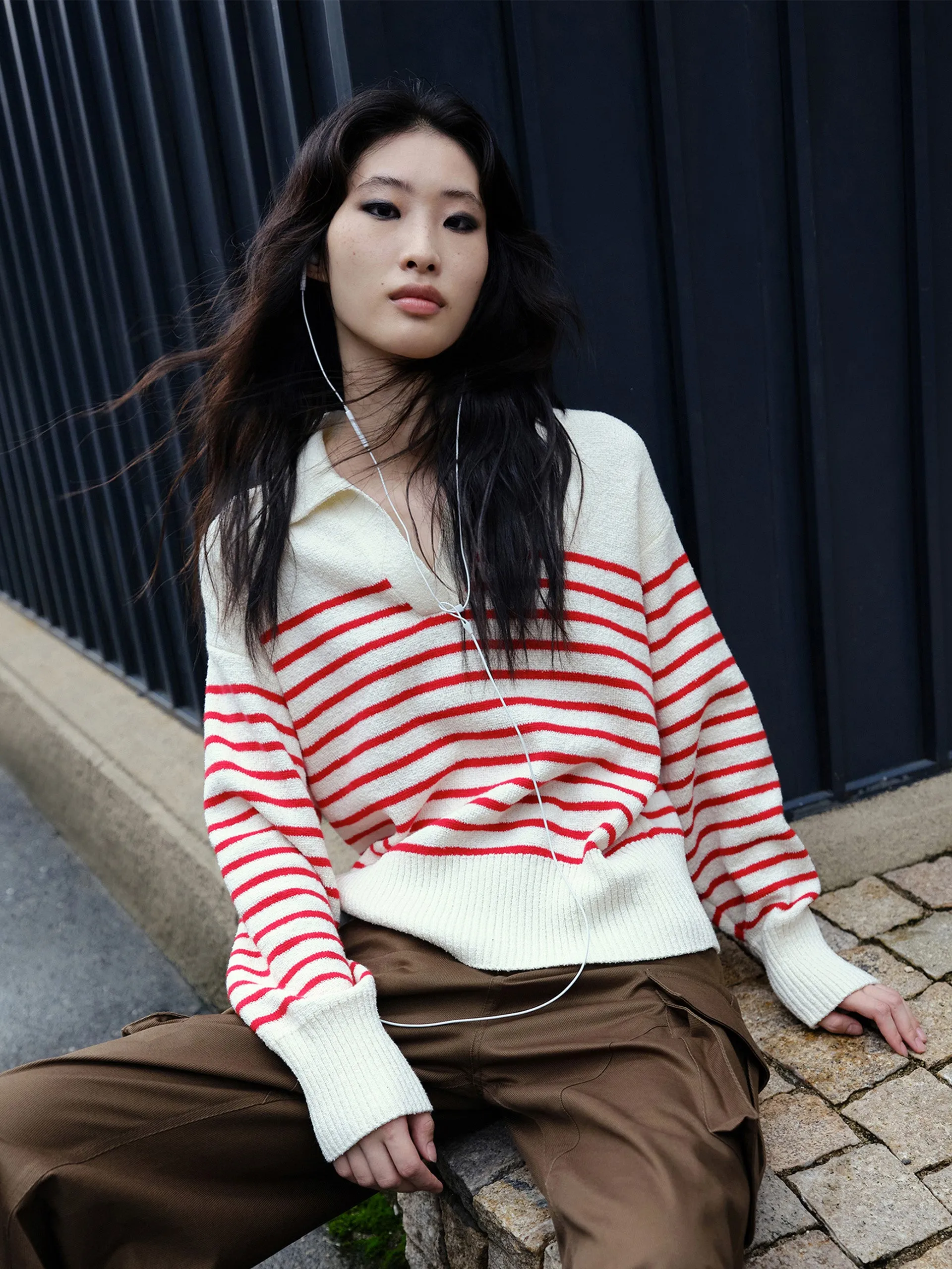 Striped POLO Neck Knit Top