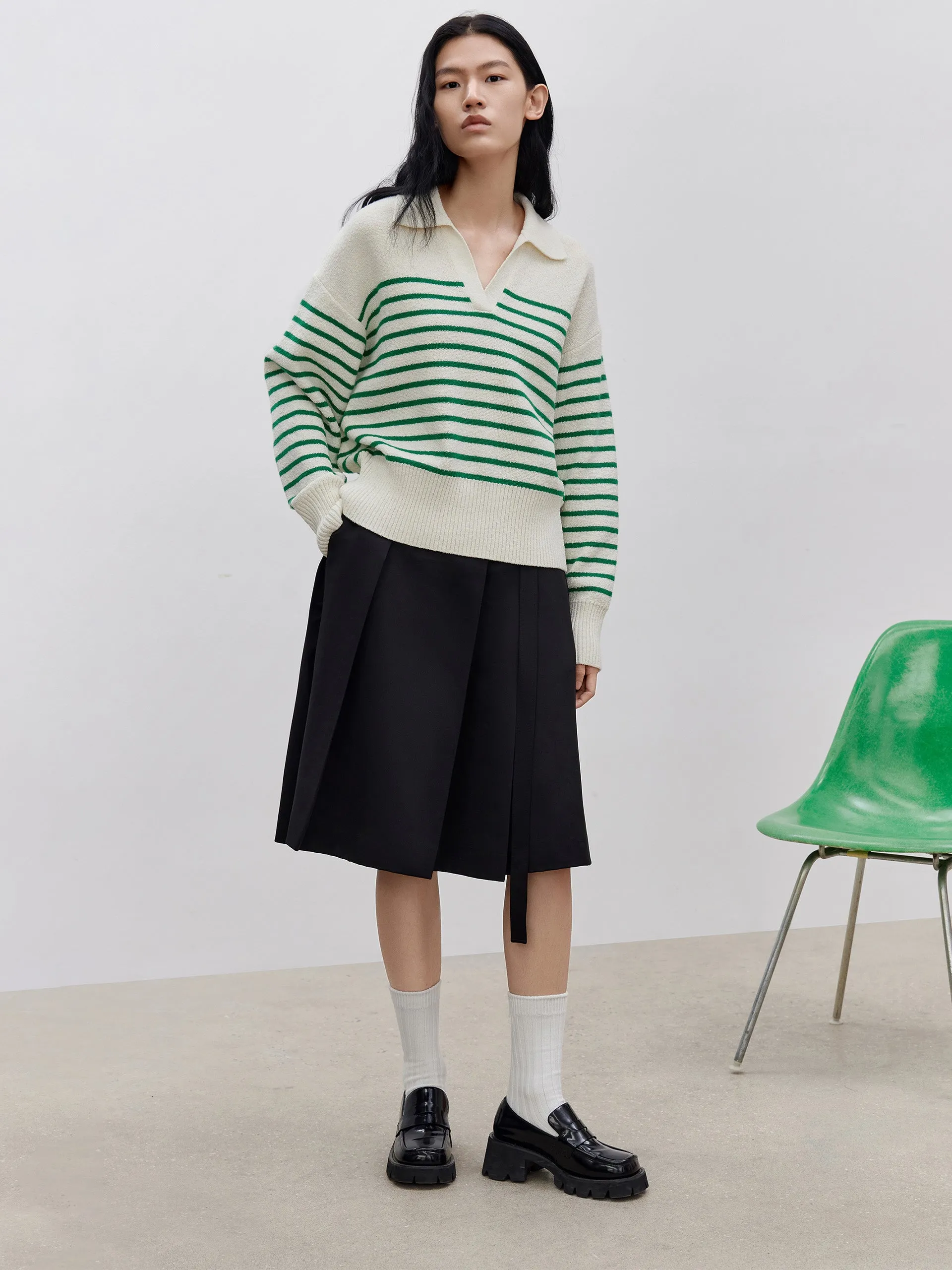Striped POLO Neck Knit Top